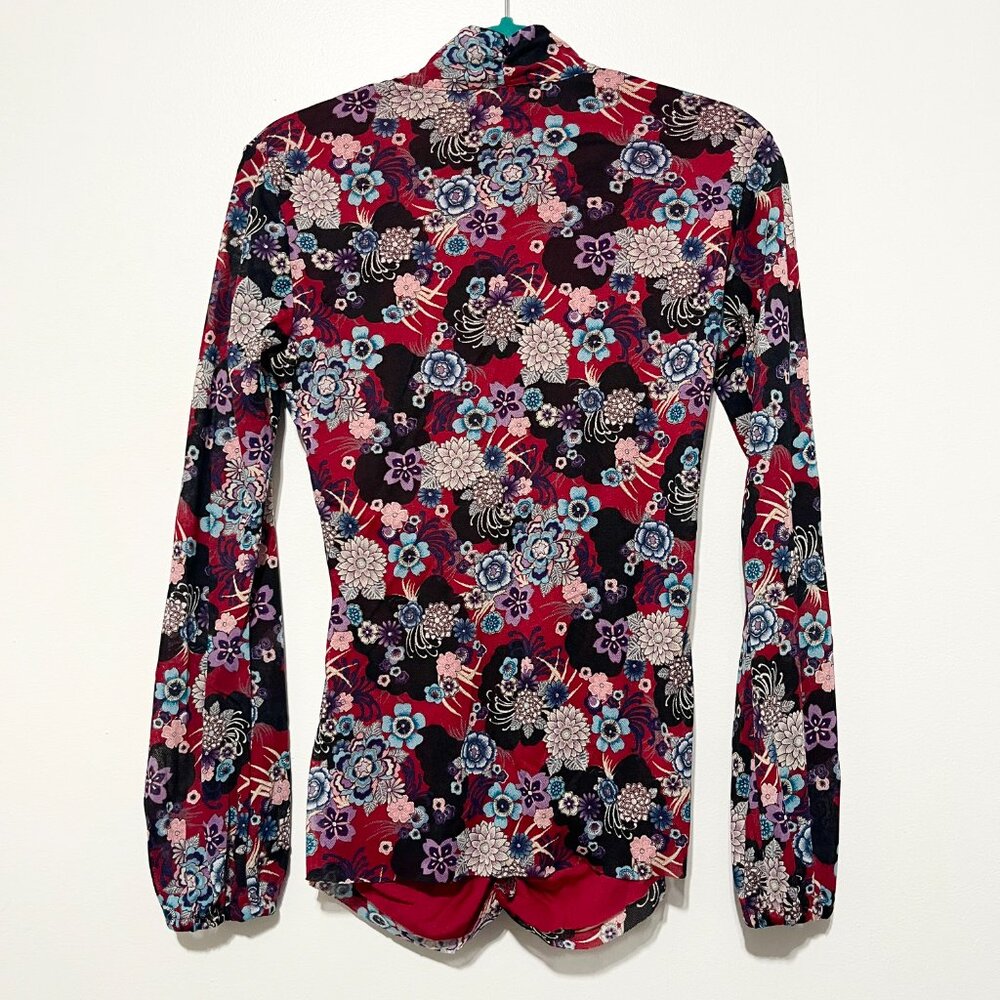 Womens Y2K Mesh Asian Floral Top M Red Ruched Fairy Grunge Hippie Festival Artsy - Picture 3 of 8